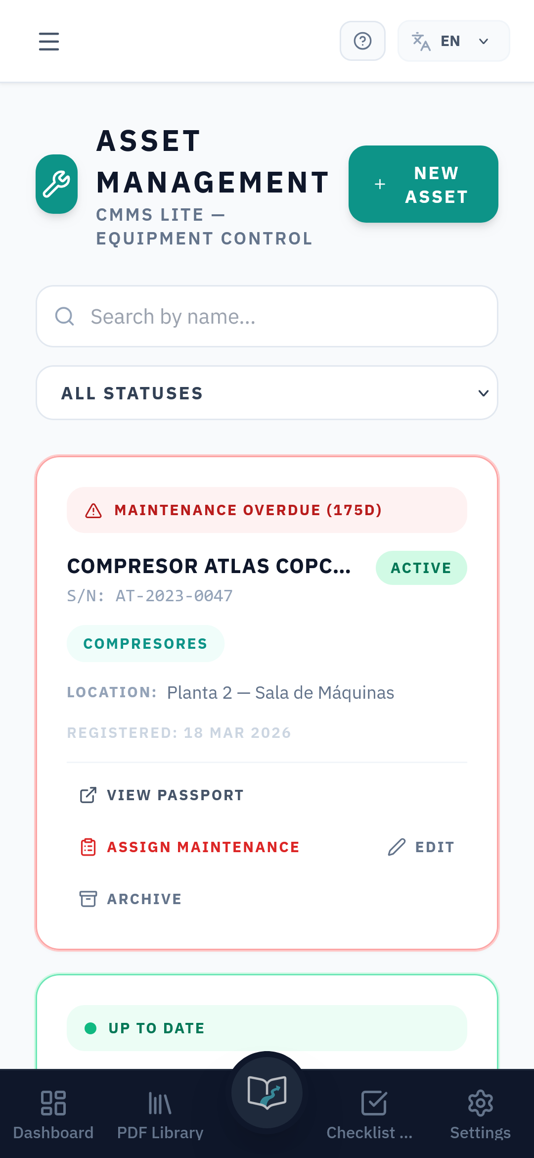 DokPath Asset Management — Machine Passport en móvil