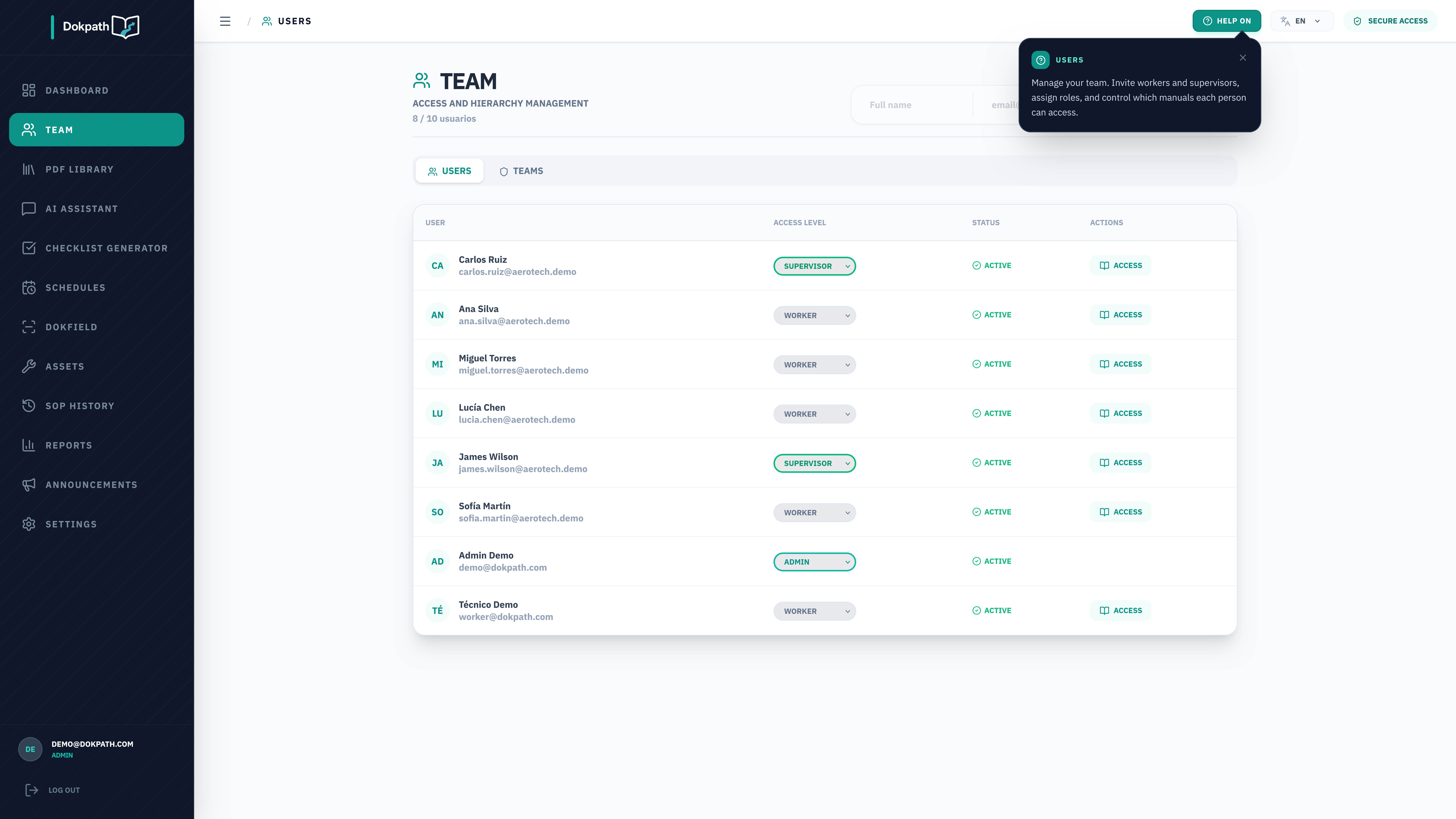 DokPath — Team and access management dashboard